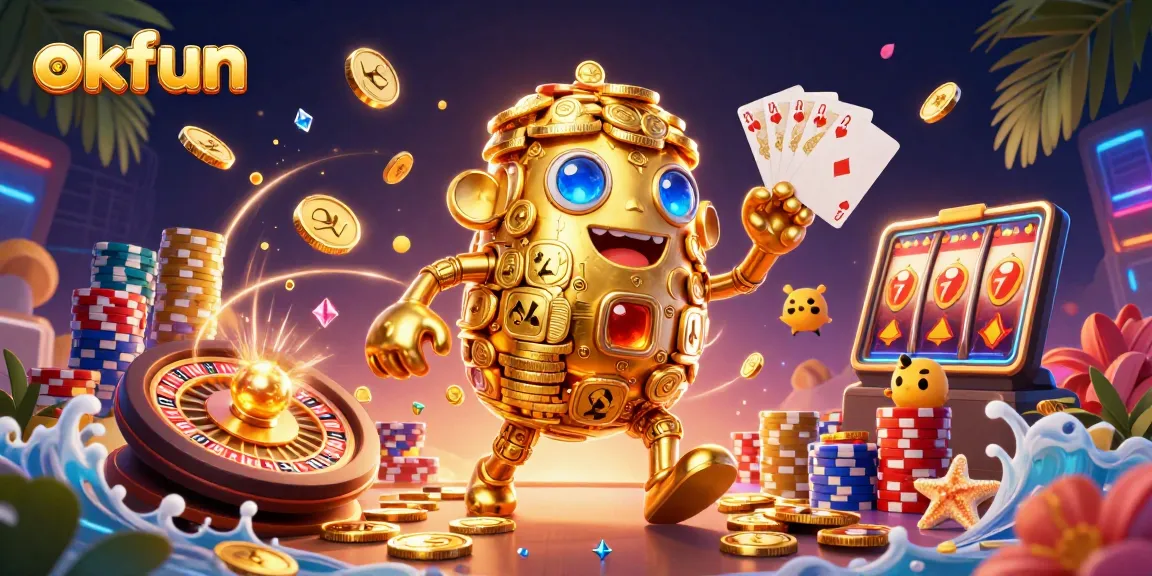 Experience top-tier gambling with okfun's golden golem surrounded by exciting casino elements and vibrant coins.