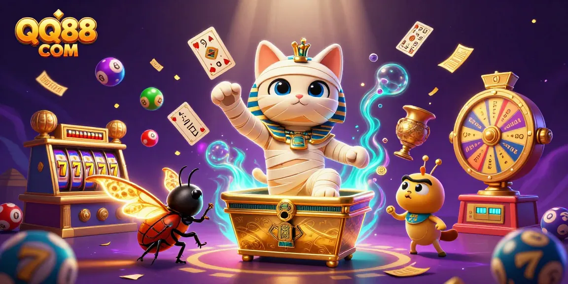 Experience excitement at QQ88 COM with the animated mummy cat and dynamic lottery elements!