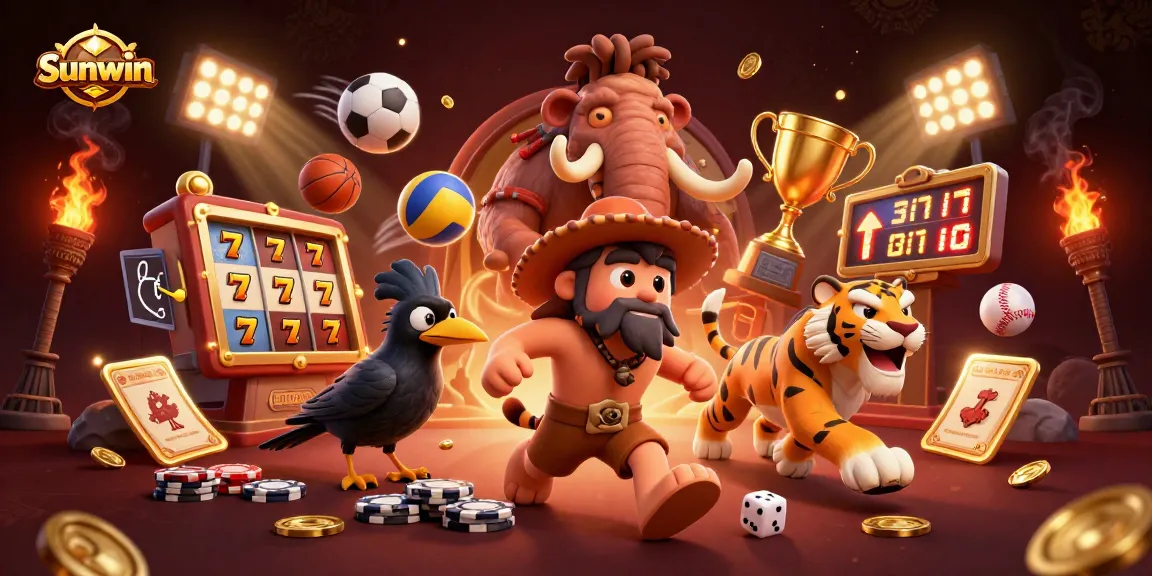 Sunwin features a lively casino scene showcasing prehistoric characters playing games with vibrant slot machines and sports elements.