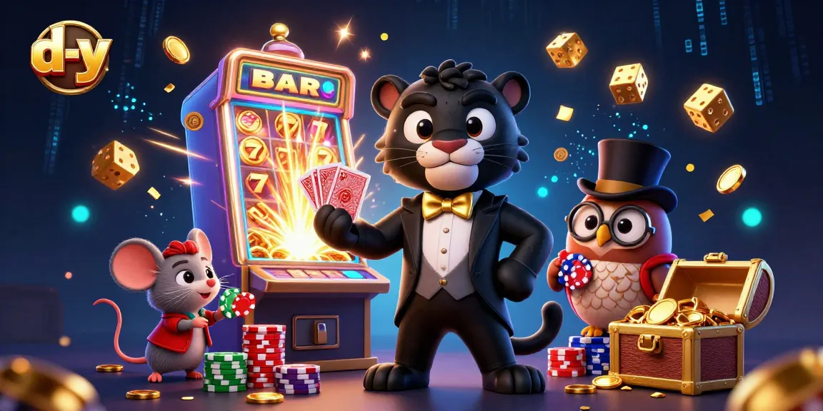 Engage in thrilling casino action at d-y with a panther dealing cards and an owl with poker chips.