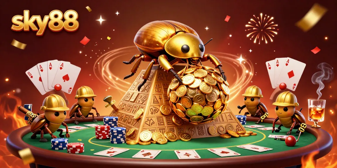 Sky88 showcases a dynamic scene of beetles rolling coins, surrounded by vibrant casino elements.
