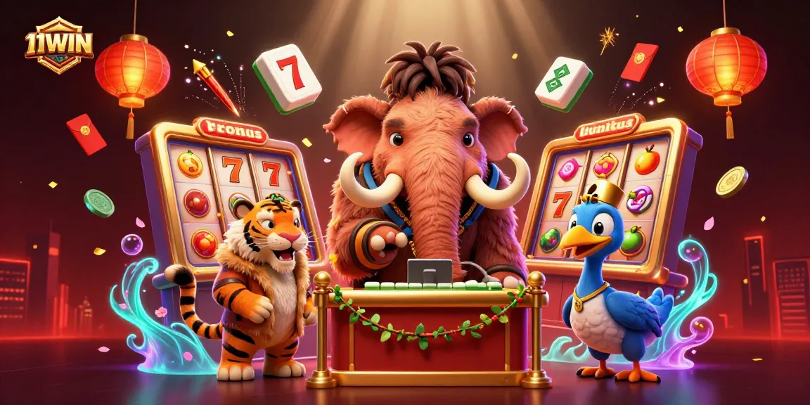 Experience the vibrant casino scene at 11WIN with a woolly mammoth bouncer and lively characters.