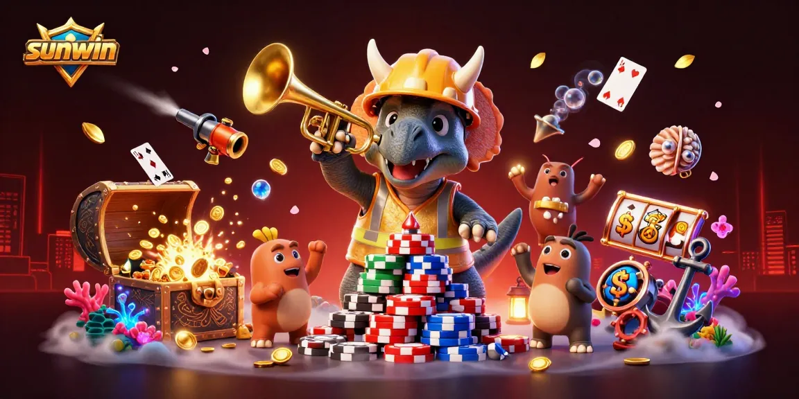 Join the sunwin celebration with a triceratops building poker chips amidst vibrant casino action.