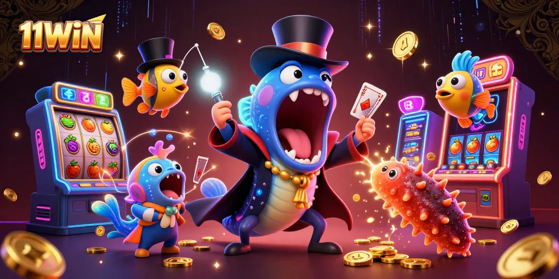 Experience the thrilling 11WIN card tricks in a vibrant casino-themed underwater scene.