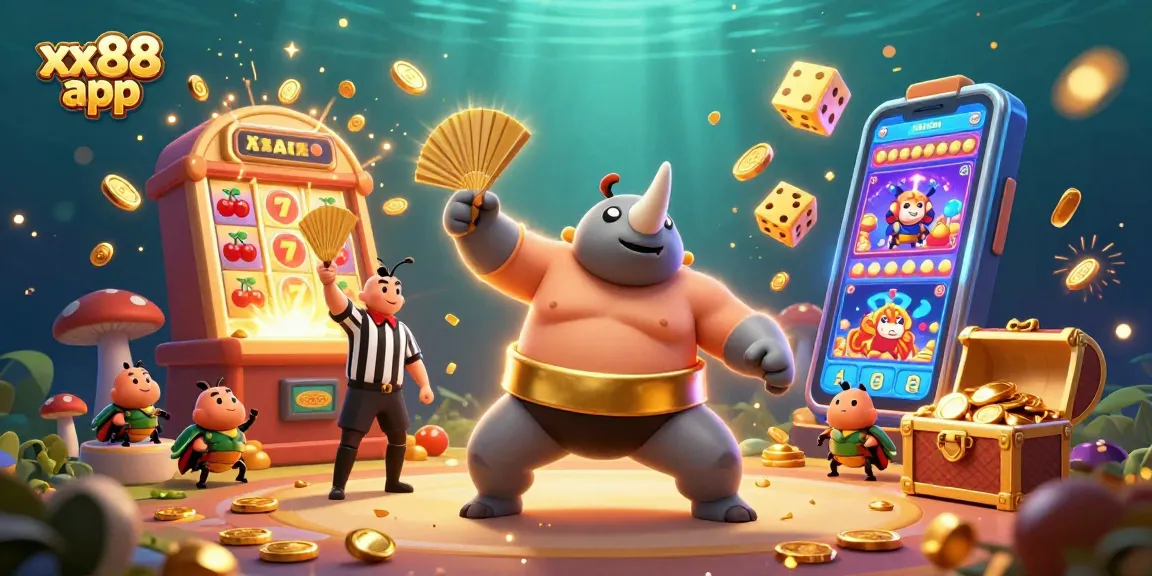 Experience the excitement of the xx88 app with a dynamic 3D gambling scene featuring a beetle sumo champion and a jackpot explosion.