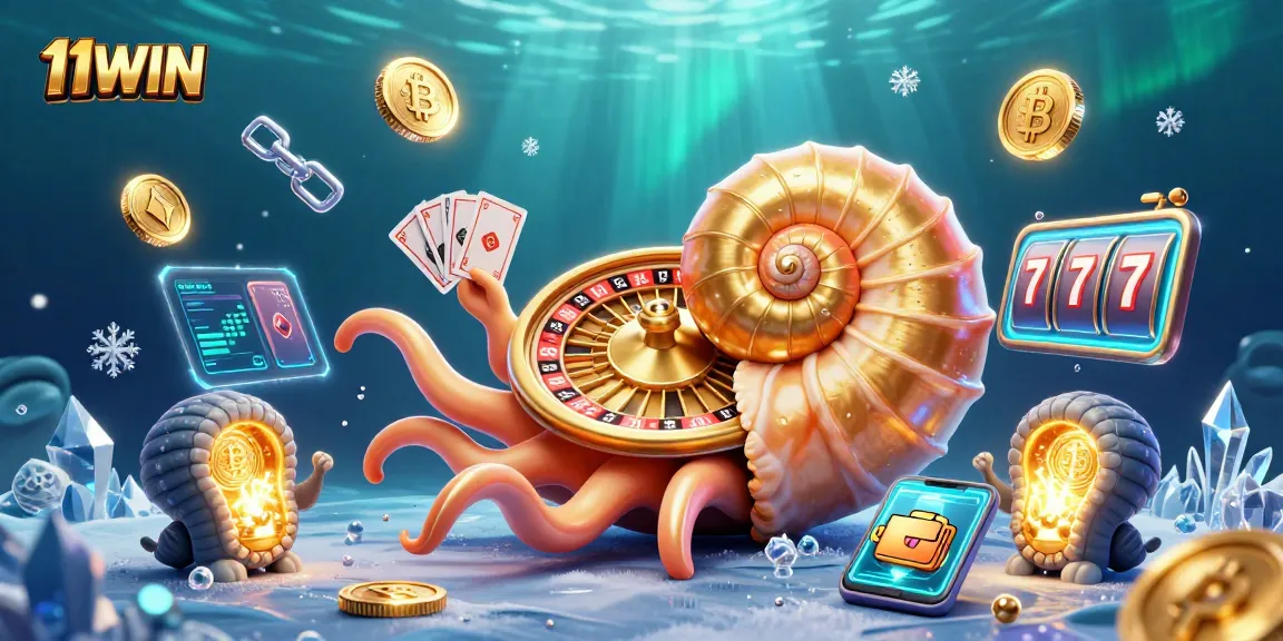 Experience thrilling gameplay with 11WIN's vibrant 3D casino illustration featuring crypto elements.