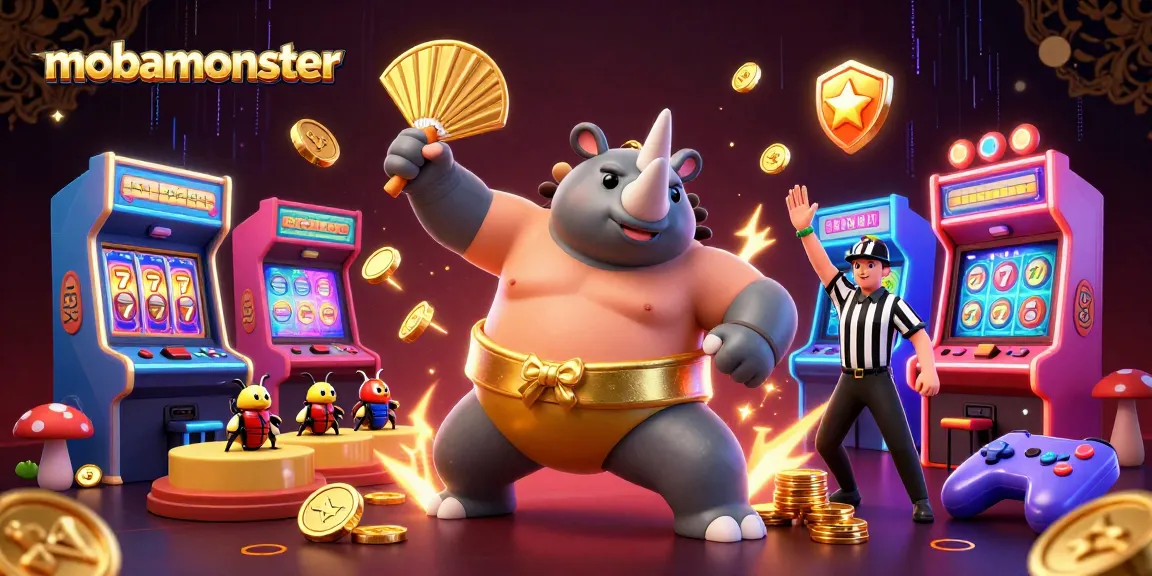 Experience the excitement of mobamonster with a dynamic 3D casino scene featuring a sumo champion beetle.