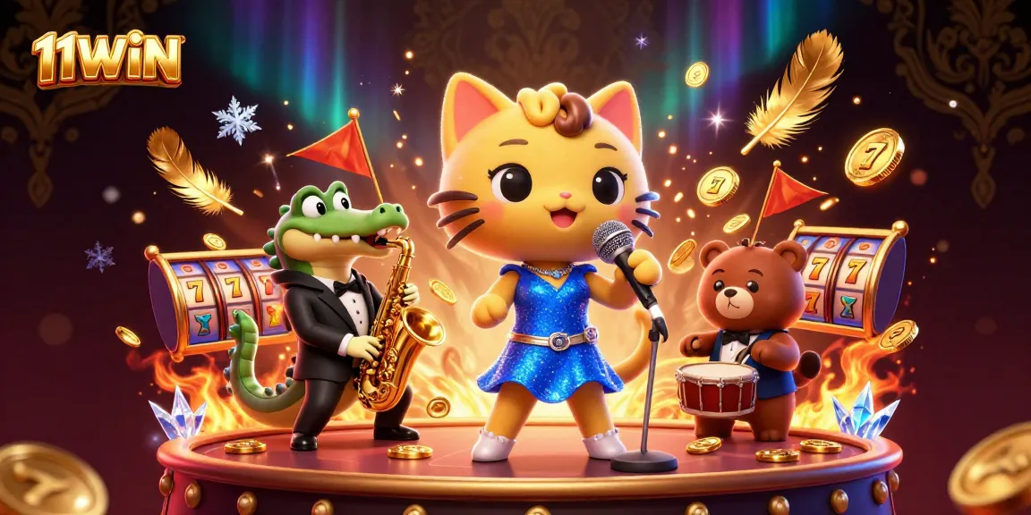 11WIN showcases an exciting casino scene with characters enjoying slot games and vibrant elements.