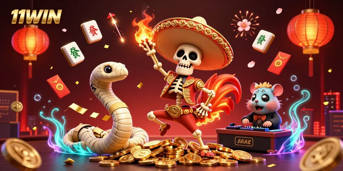 Celebrate big wins with 11WIN: A festive scene featuring a mariachi rooster, mummy snake, and DJ hamster surrounded by vibrant casino elements.