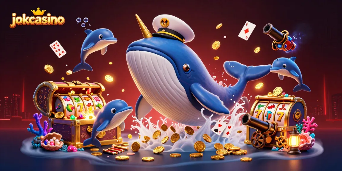 Play poker with jokacasino's thrilling cartoon scene featuring whales and slot symbols.