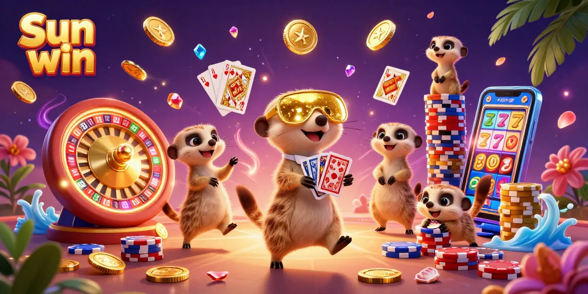 Experience thrilling excitement with Sun win as meerkats run a lively casino amidst coins and cards.