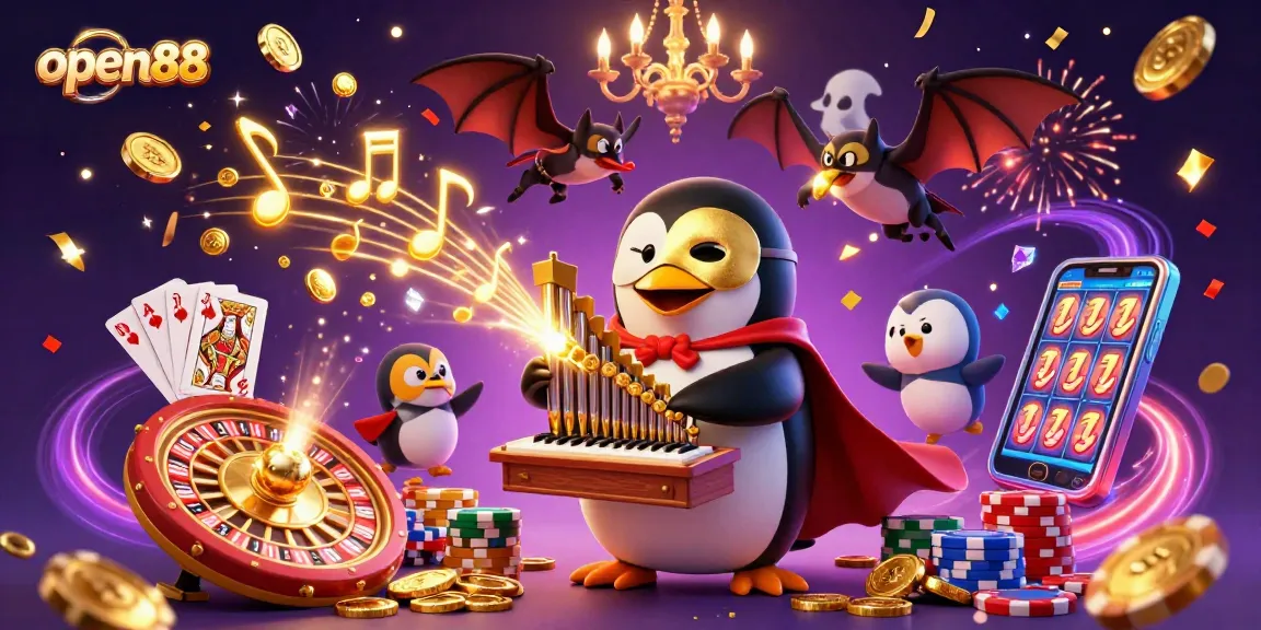 Experience the excitement of open88 with a vibrant casino scene featuring coins and cards!