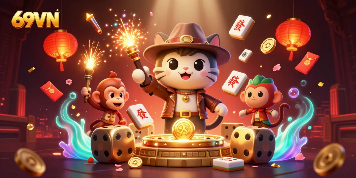 Discover thrilling gaming adventures at 69VN with vibrant casino artifacts and lively 3D characters.