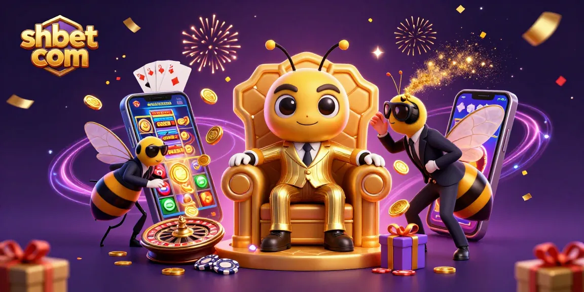 Experience the excitement of shbet com with a vibrant casino-themed 3D illustration full of dynamic action and game elements.