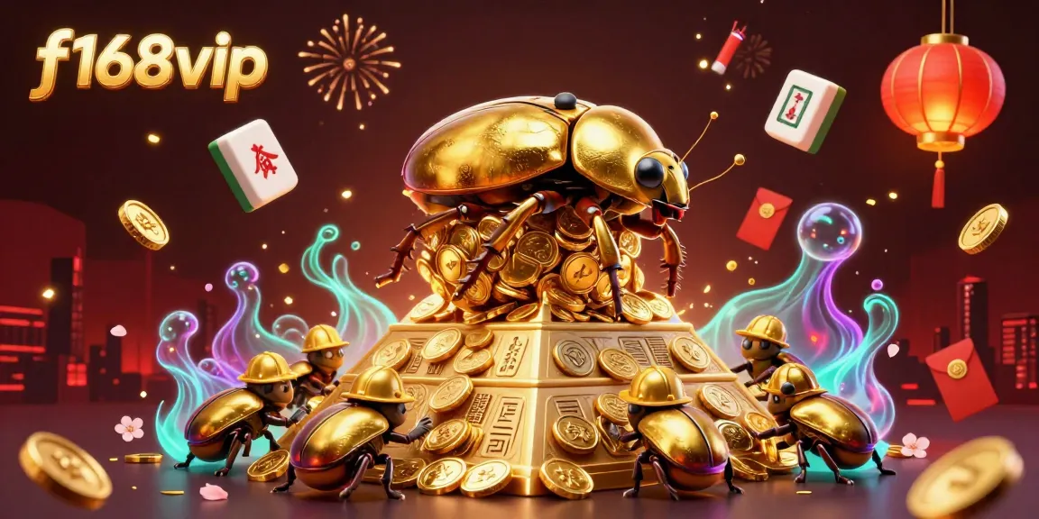 Join the fun and thrills of f168vip with a vibrant 3D casino illustration showcasing rich golden themes.