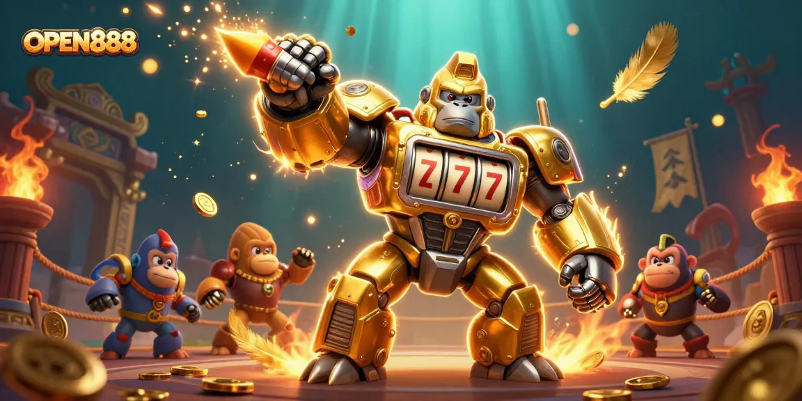 OPEN888 showcases a vibrant casino scene featuring a mech and exciting gambling elements.