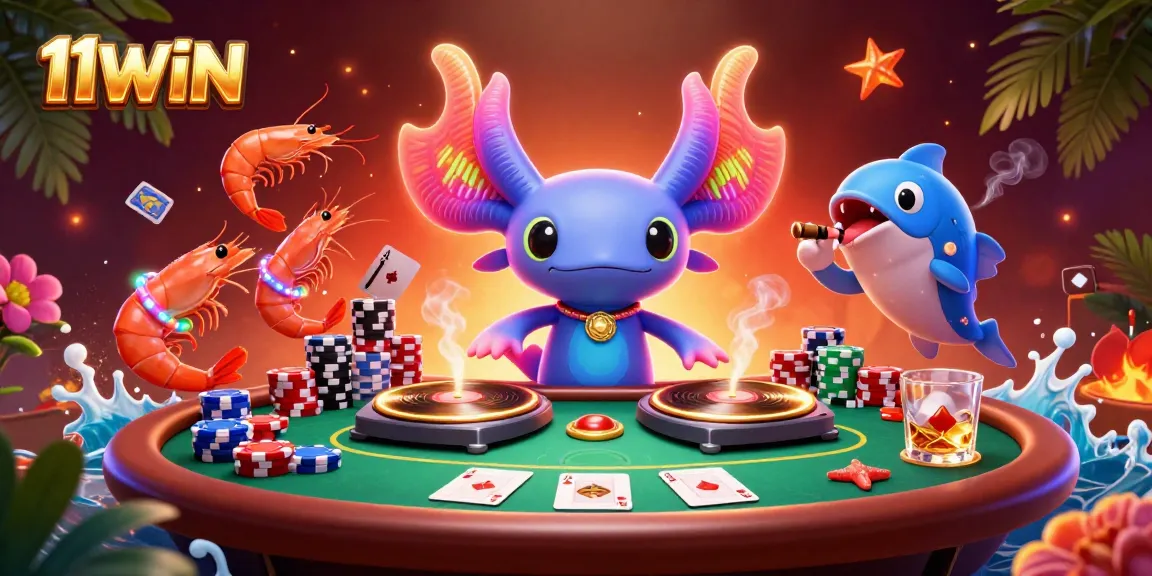 Engage with the thrilling 11WIN casino ambiance featuring vibrant axolotl DJ and energetic sea creatures.