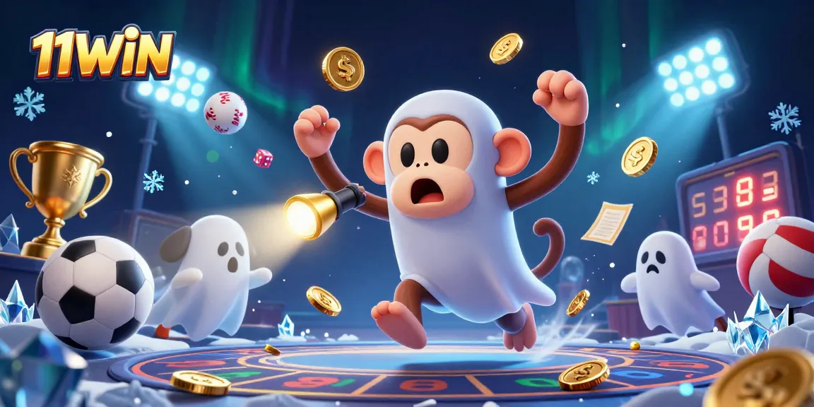 Engage with 11WIN's thrilling sports betting action illustrated by a playful ghostly character.