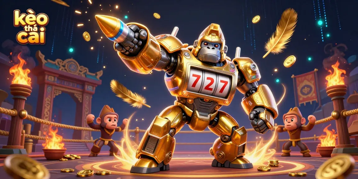 Experience thrilling kèo nhà cái action in a vibrant, dynamic gambling scene with a golden mech.
