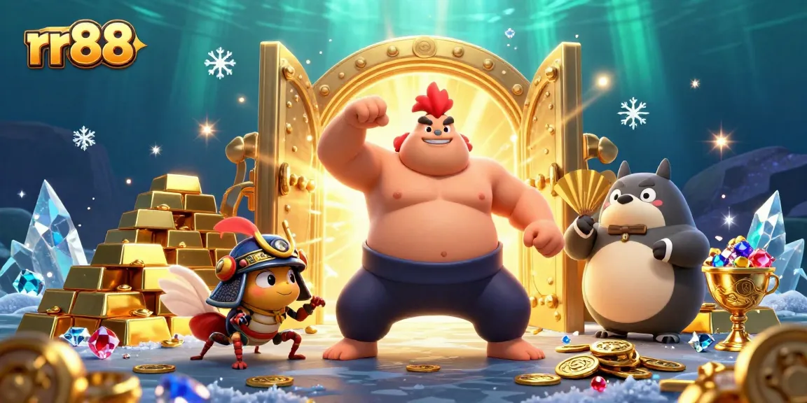 rr88 features an exciting sumo wrestler rooster and samurai cricket in a dynamic casino scene full of treasures.