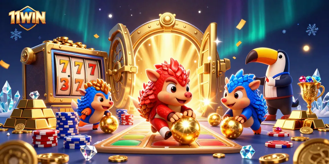 11WIN pangolins compete in a vibrant casino scene full of gold, gems, and excitement.