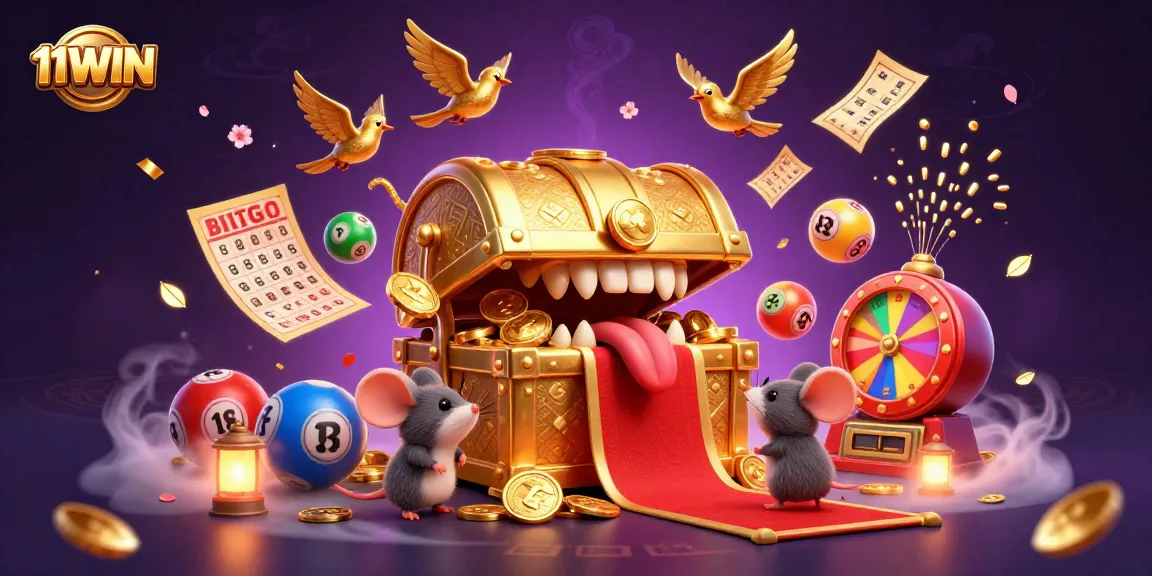 11WIN casino scene featuring a golden treasure chest and lottery elements exploding with excitement.