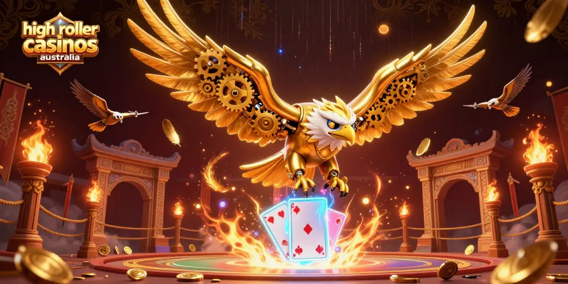 Experience excitement at high roller casinos Australia with cybernetic eagle amidst vibrant casino elements.